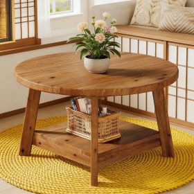 Round Coffee Table, 2-Tier Solid Wood Center Cocktail Accent Table